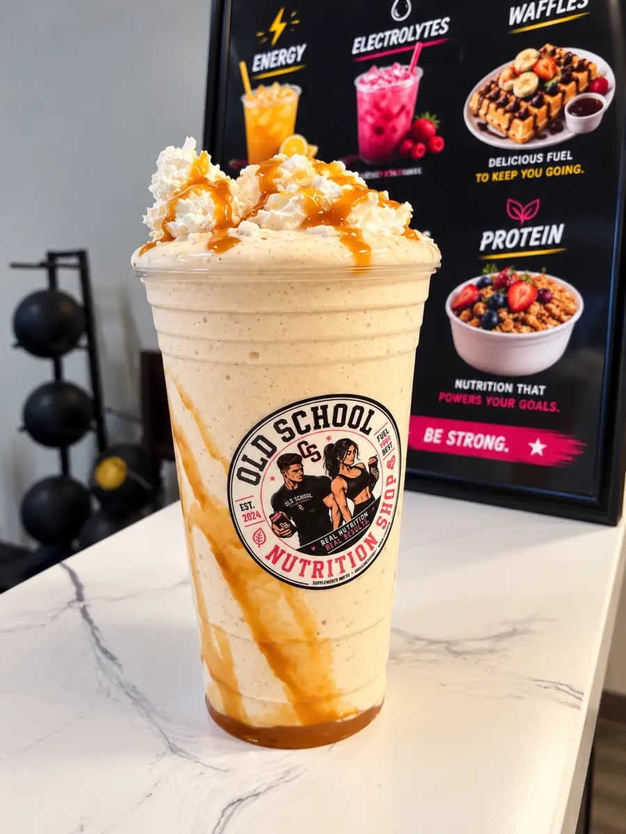 Banana caramel protein shake at Old School Nutrition Shop