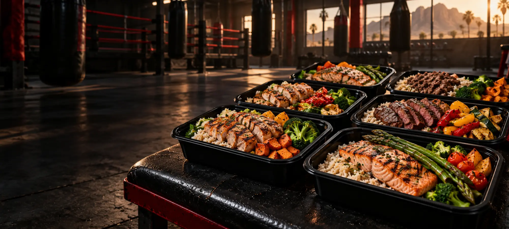 Fresh athlete meal prep with chicken, salmon, lean beef, rice and vegetables inside a boxing gym